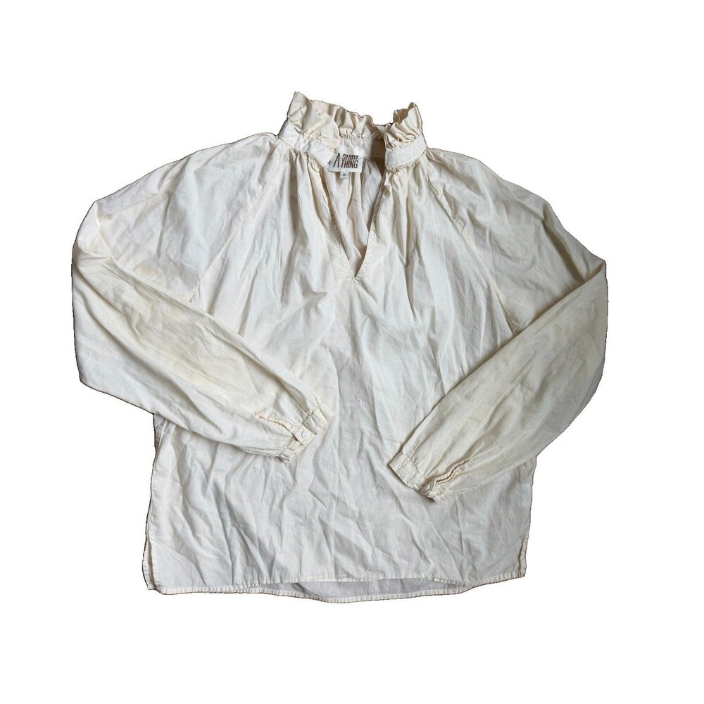 A Shirt Thing Women’s Cream 100% Cotton Peasant Blouse Boho Balloon Sleeve M